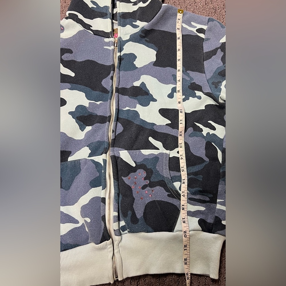 Primp Women’s Blue Camouflage Camo Zip-Up Hoodie with Pink Rhinestones Y2K - Picture 10 of 10